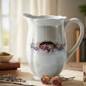 Bavaria Vintage Iridescent Porcelain Pitcher Pink Rose Floral Lustreware